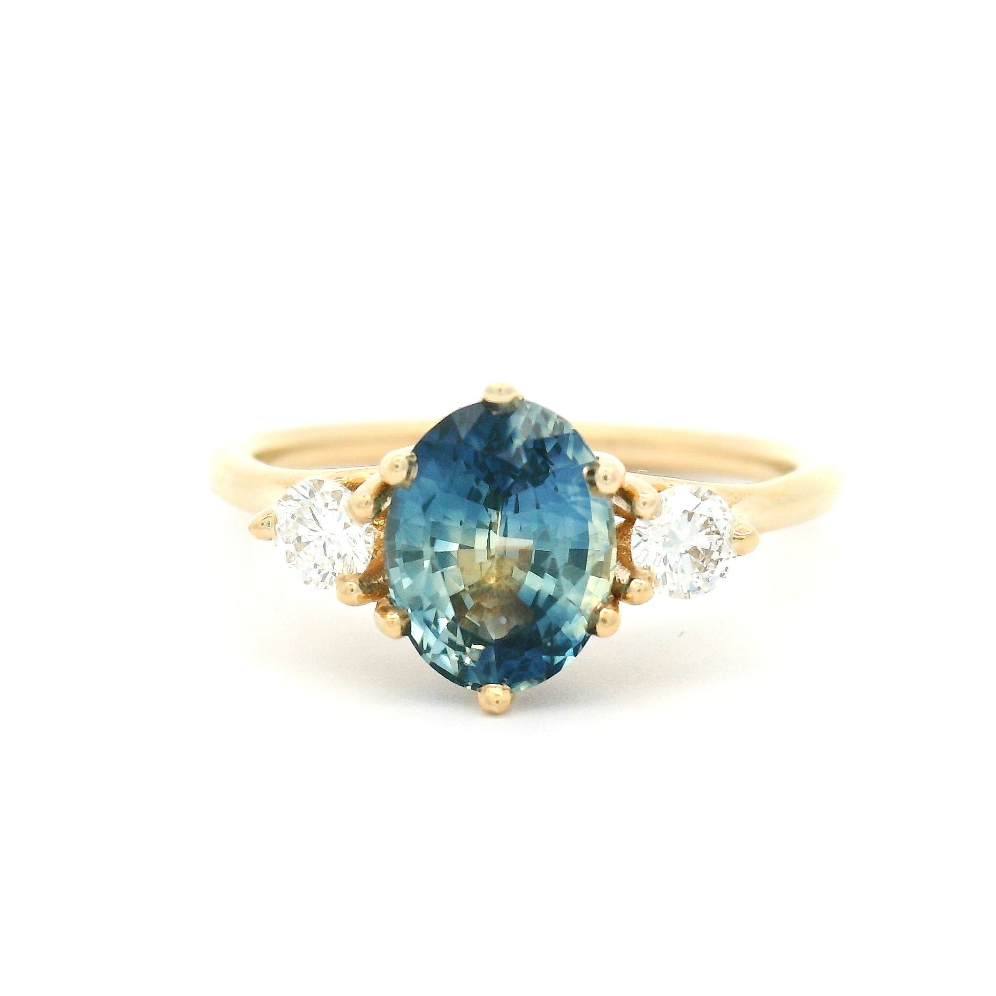 14k Yellow Three-Stone Ring with 1.65ct Natural Parti Blue Sapphire Natural Accent Diamonds
