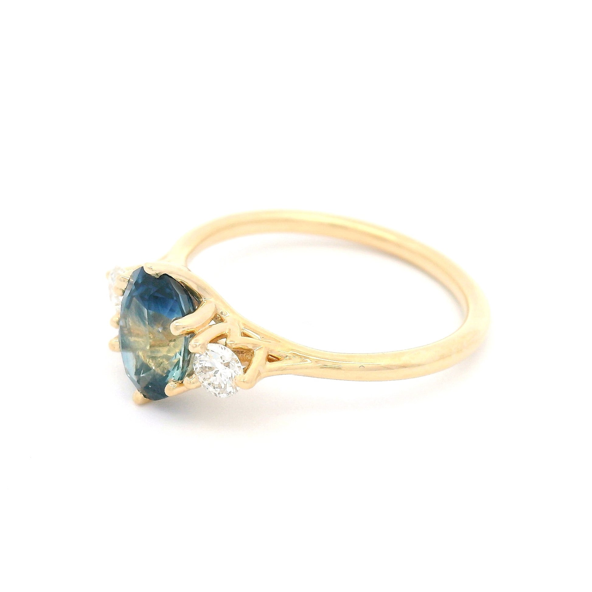 14k Yellow Three-Stone Ring with 1.65ct Natural Parti Blue Sapphire Natural Accent Diamonds