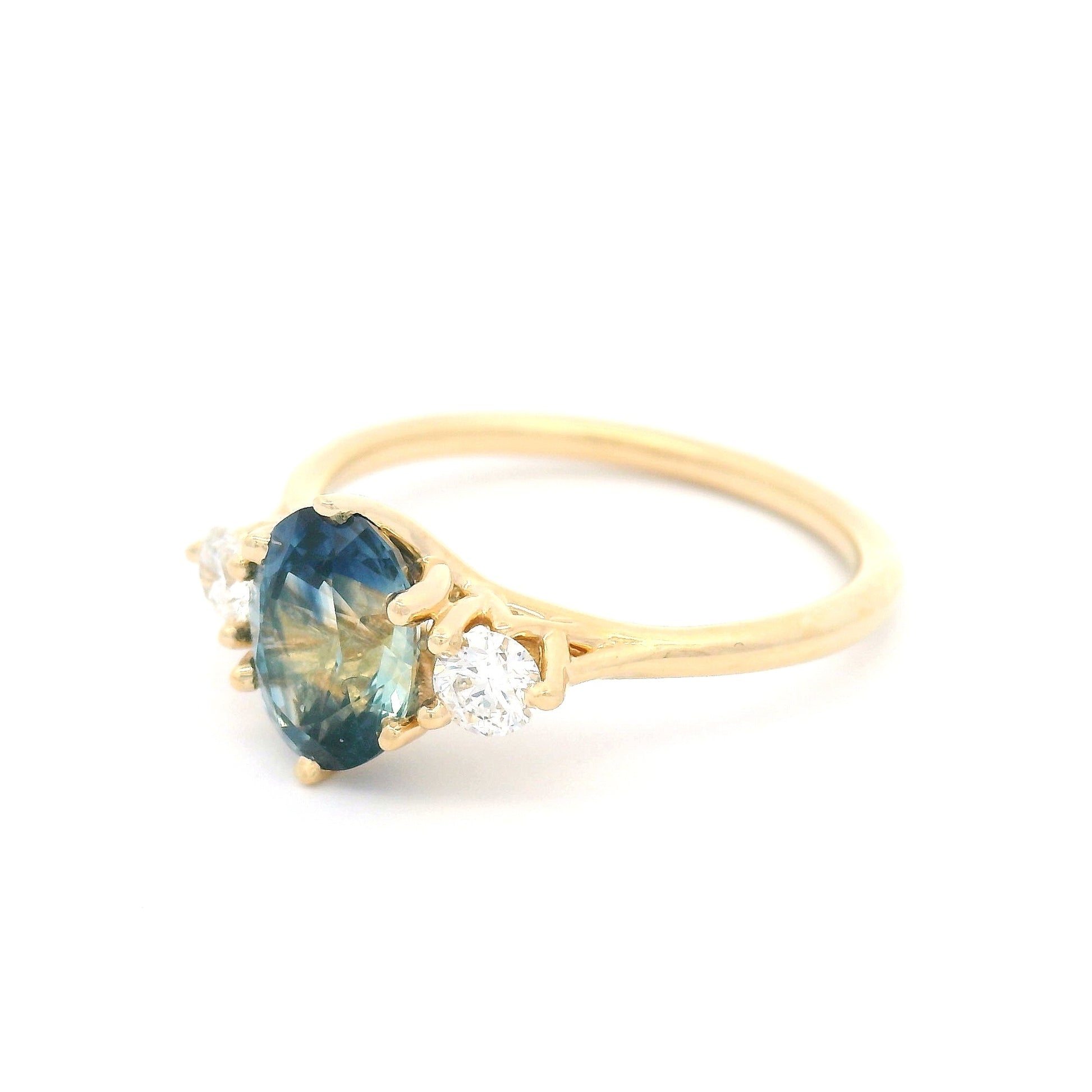 14k Yellow Three-Stone Ring with 1.65ct Natural Parti Blue Sapphire Natural Accent Diamonds