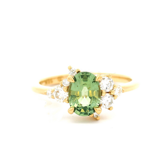 18k Yellow Engagement Ring with 0.99ct Oval Green Sapphire with Accent Diamonds