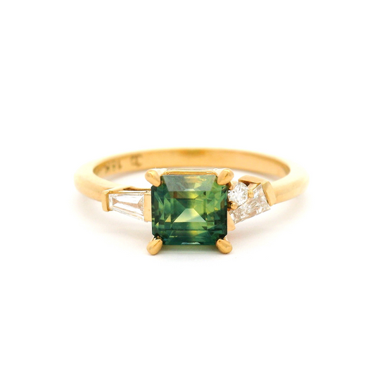 18k Yellow Engagement Ring with 1.30ct Teal Square Emerald-Cut Sapphire and Accent Baguette and Round Diamonds