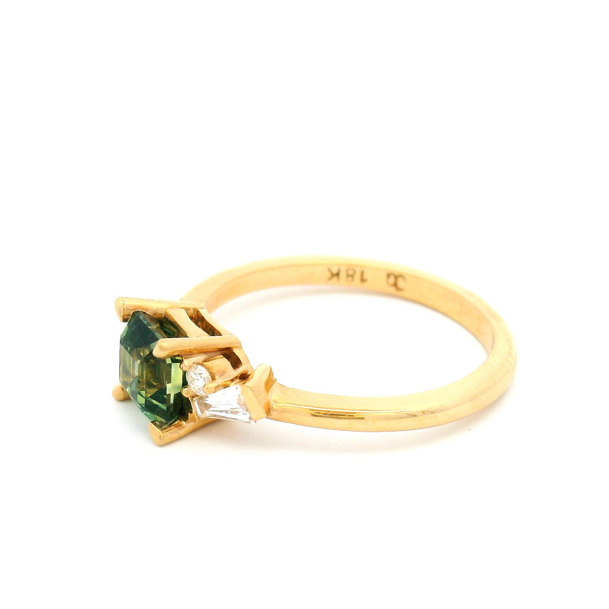 18k Yellow Engagement Ring with 1.30ct Teal Square Emerald-Cut Sapphire and Accent Baguette and Round Diamonds