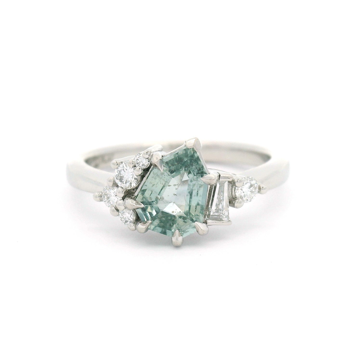 Platinum Engagement Ring with 1.27ct Light-Teal Sapphire & Accent Diamonds