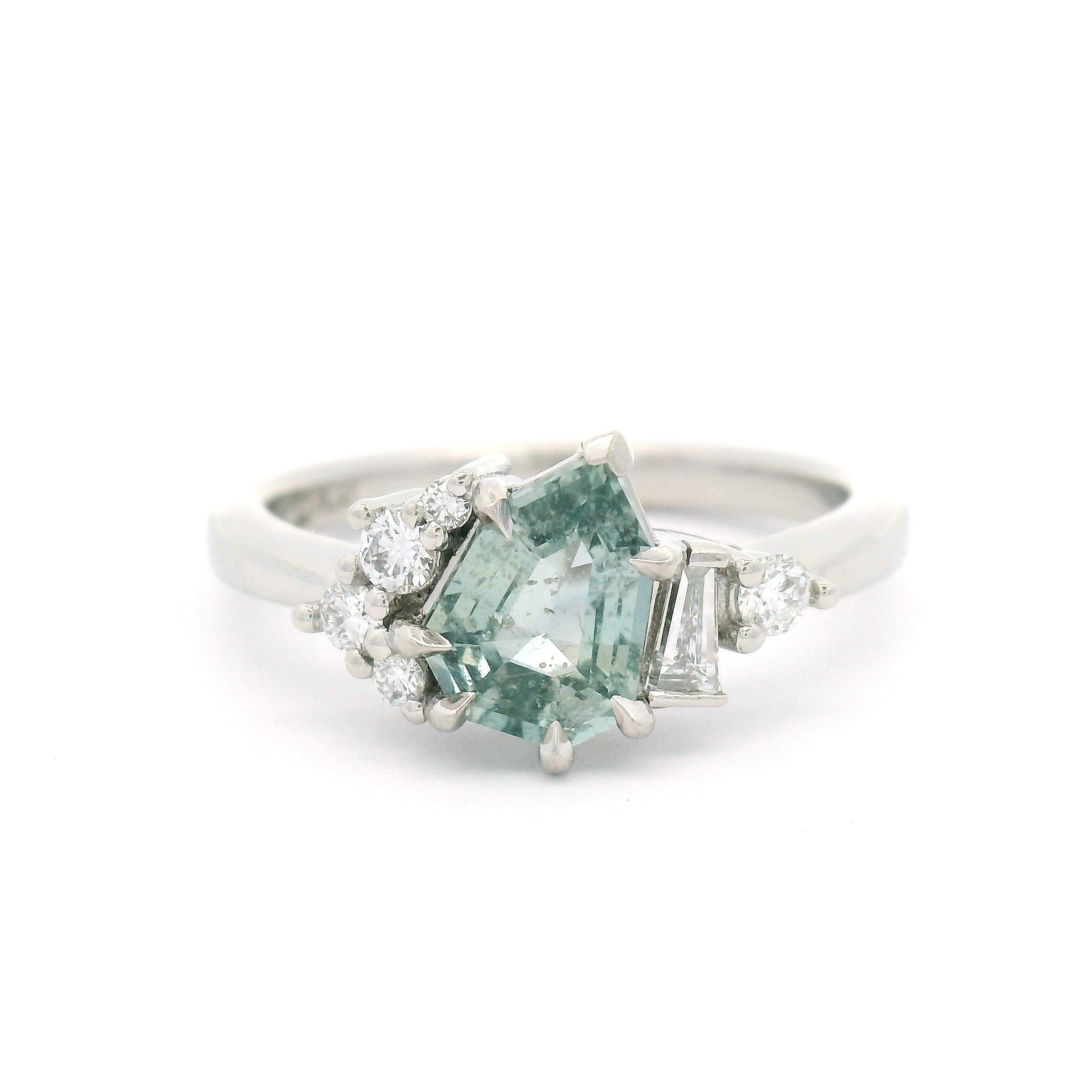 Platinum Engagement Ring with 1.27ct Light-Teal Sapphire & Accent Diamonds