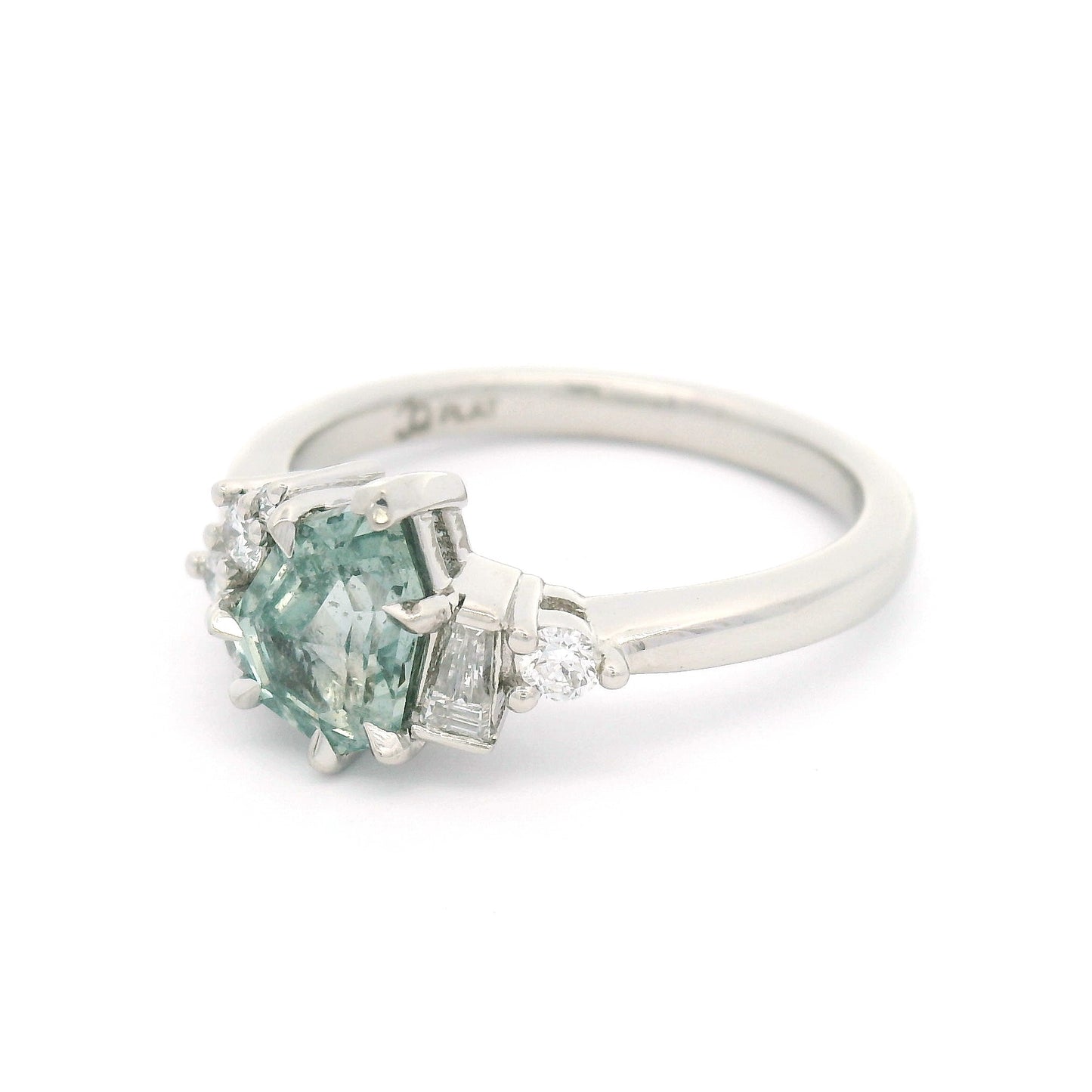 Platinum Engagement Ring with 1.27ct Light-Teal Sapphire & Accent Diamonds