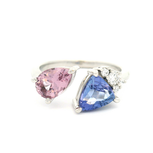 14k White Moi & Toi Ring with 0.93ct Blue Sapphire, 0.77ct Pink Spinel and Accent Diamonds
