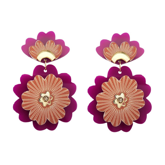 Purple Acrylic Flower Statement Earrings