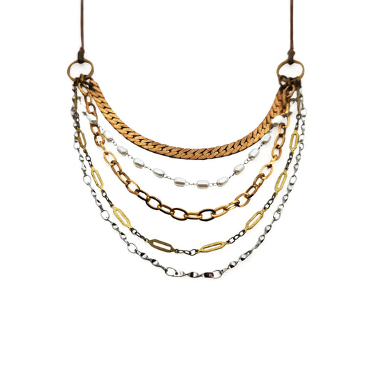 Multilayered Brass & Pearl Necklace