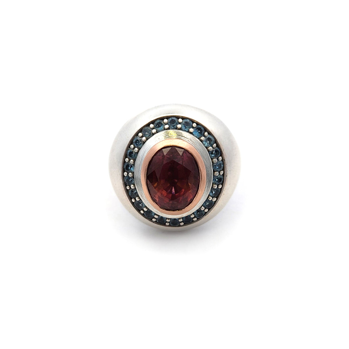 Sterling Silver Pink Tourmaline Ring with 14k Gold Bezel & Aquamarine Halo