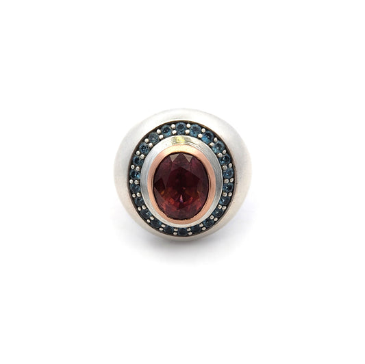 Sterling Silver Pink Tourmaline Ring with 14k Gold Bezel & Aquamarine Halo