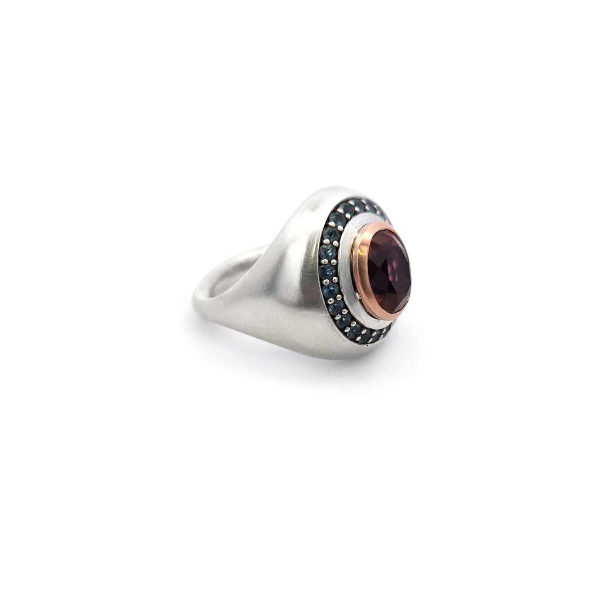 Sterling Silver Pink Tourmaline Ring with 14k Gold Bezel & Aquamarine Halo