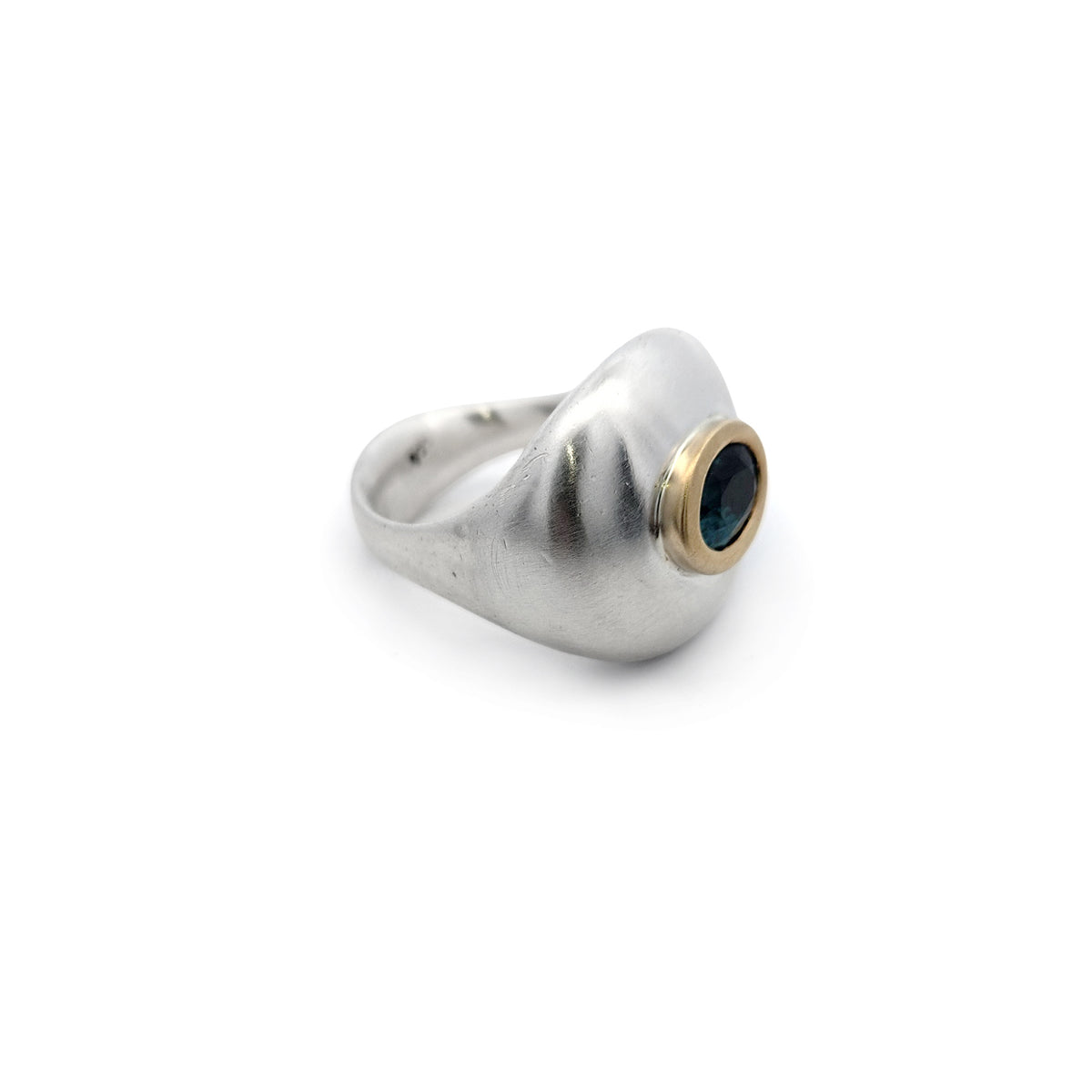 Sterling Silver Blue Zircon Ring with 18k Yellow Gold Bezel