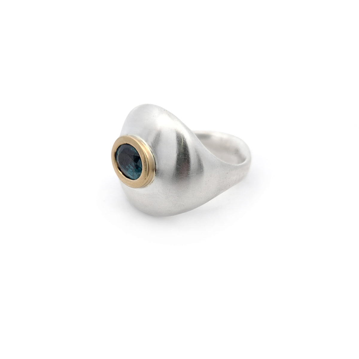 Sterling Silver Blue Zircon Ring with 18k Yellow Gold Bezel