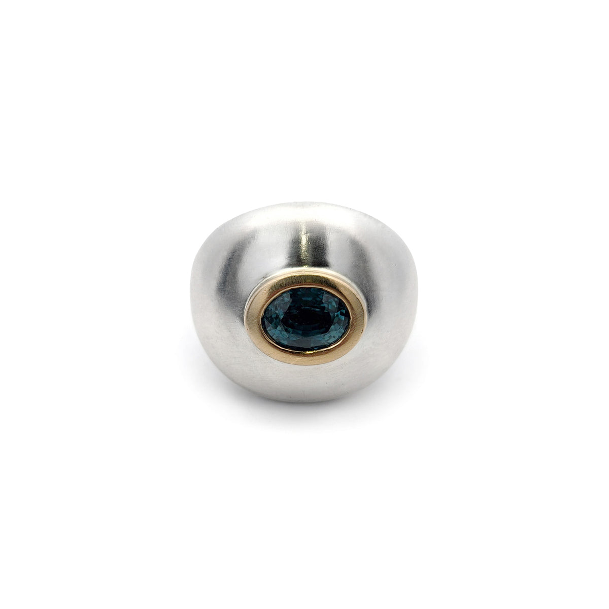 Sterling Silver Blue Zircon Ring with 18k Yellow Gold Bezel
