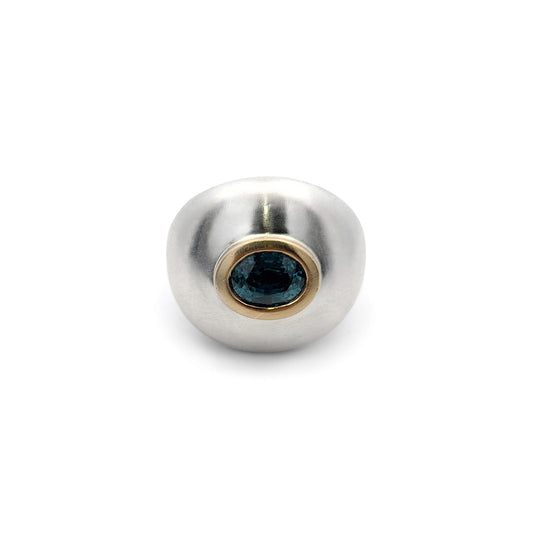 Sterling Silver Blue Zircon Ring with 18k Yellow Gold Bezel