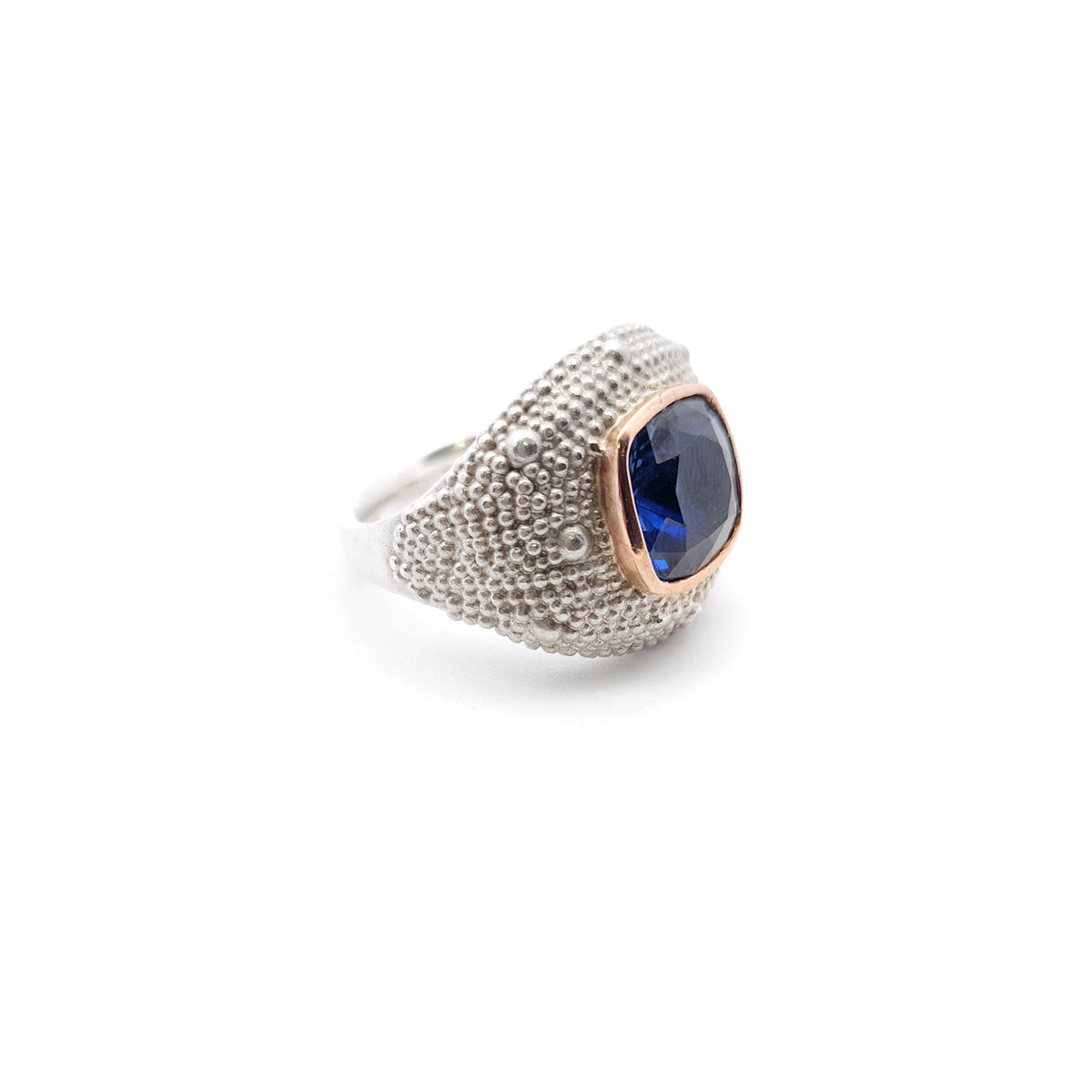 Sterling Silver Blue Lab-Grown Cushion Sapphire Ring with 18k Gold Bezel