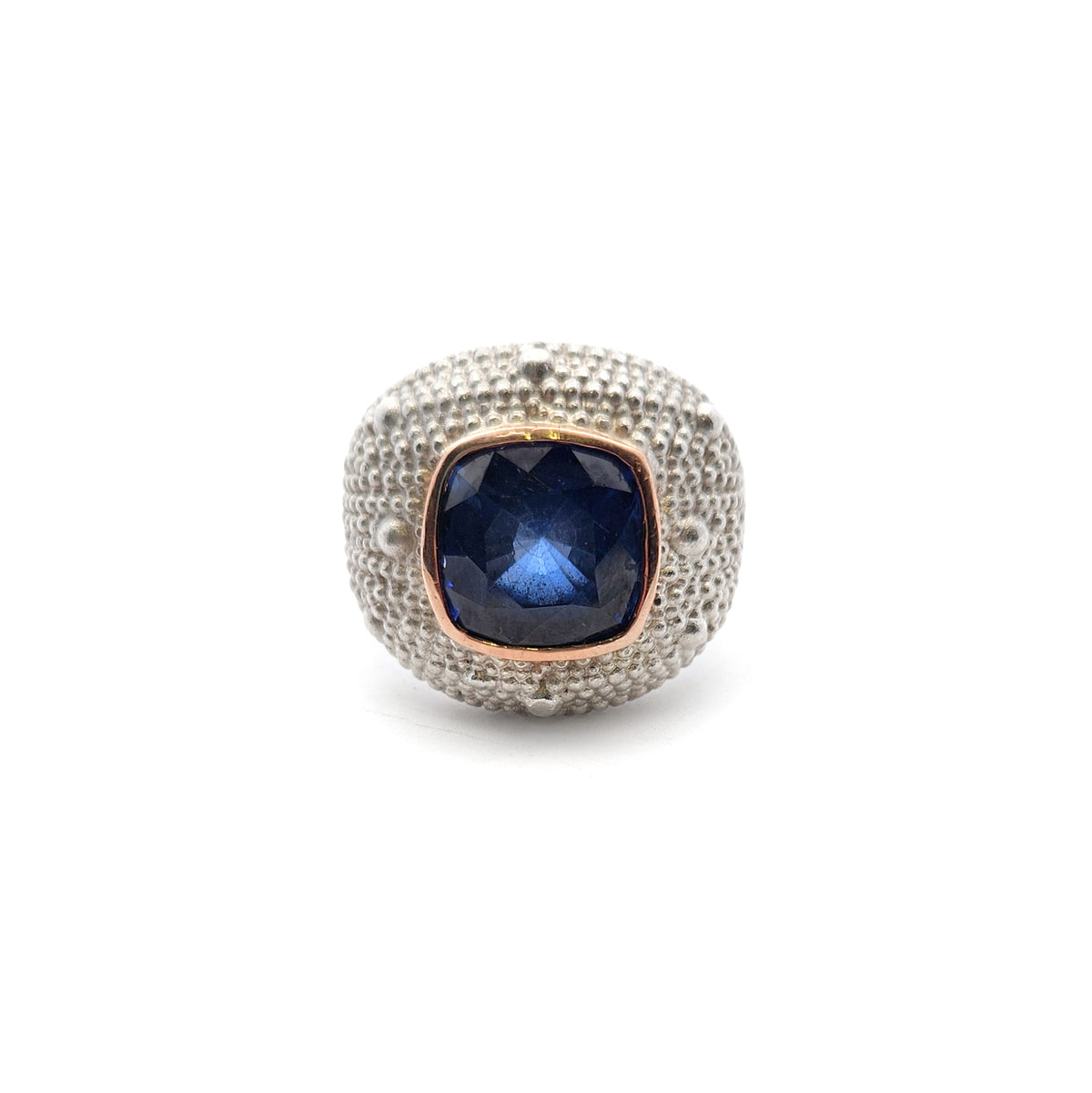 Sterling Silver Blue Lab-Grown Cushion Sapphire Ring with 18k Gold Bezel
