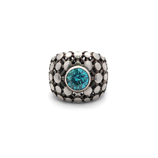 Sterling Silver Geometric Circle Ring with Blue Cubic Zirconia