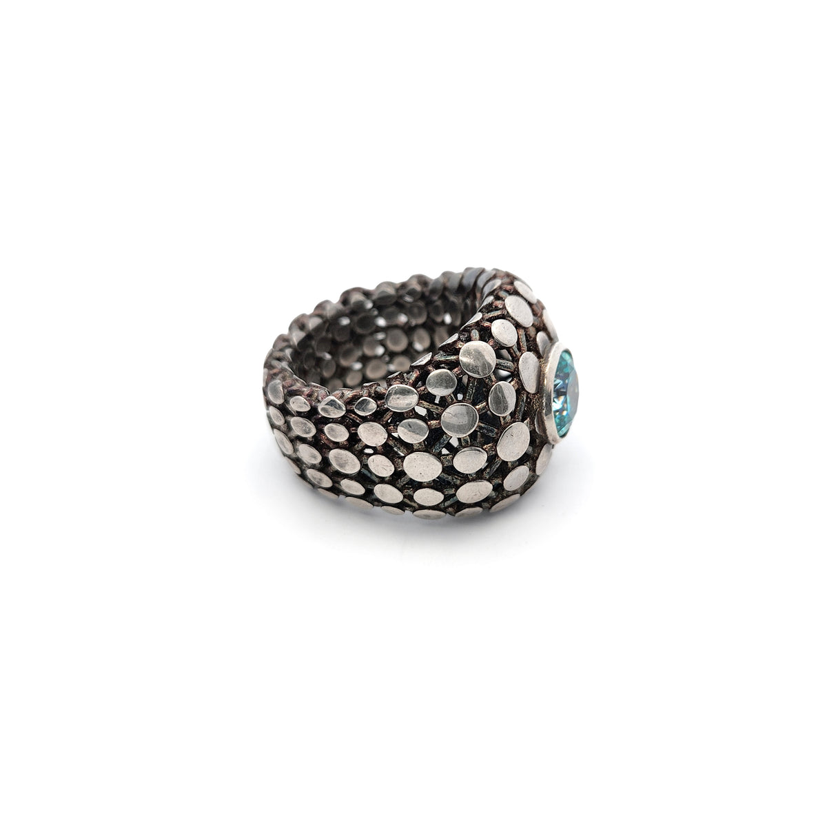 Sterling Silver Geometric Circle Ring with Blue Cubic Zirconia