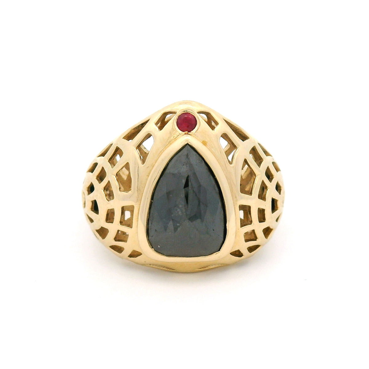 14K yellow gold bezel-set ring with a natural 2.01ct rose-cut black diamond, 0.03ct ruby accent and geometric pierced low-profile band.
