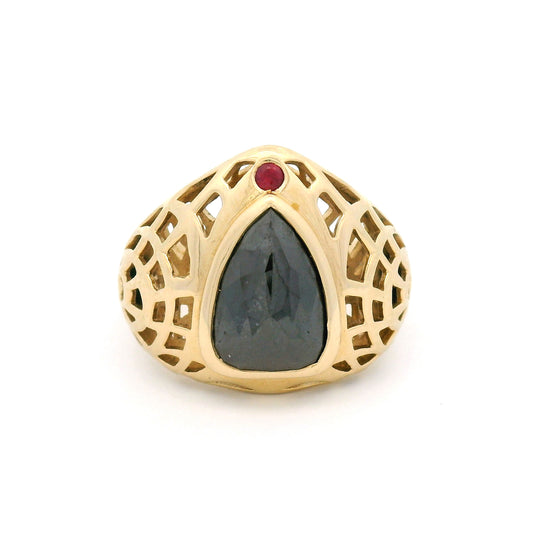 14K yellow gold bezel-set ring with a natural 2.01ct rose-cut black diamond, 0.03ct ruby accent and geometric pierced low-profile band.