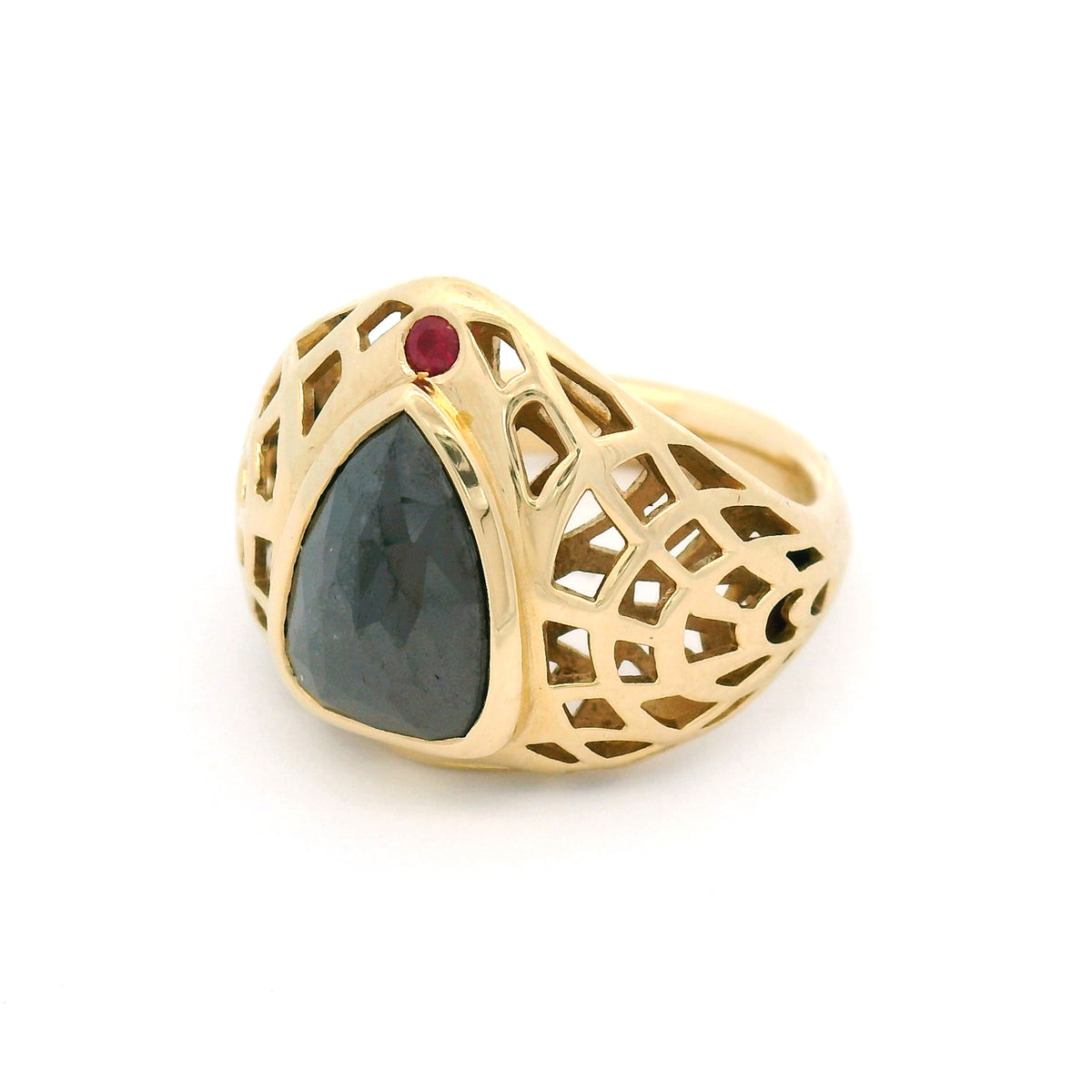 14K yellow gold bezel-set ring with a natural 2.01ct rose-cut black diamond, 0.03ct ruby accent and geometric pierced low-profile band.