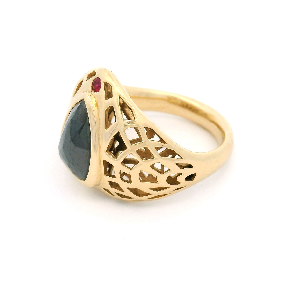 14K yellow gold bezel-set ring with a natural 2.01ct rose-cut black diamond, 0.03ct ruby accent and geometric pierced low-profile band.