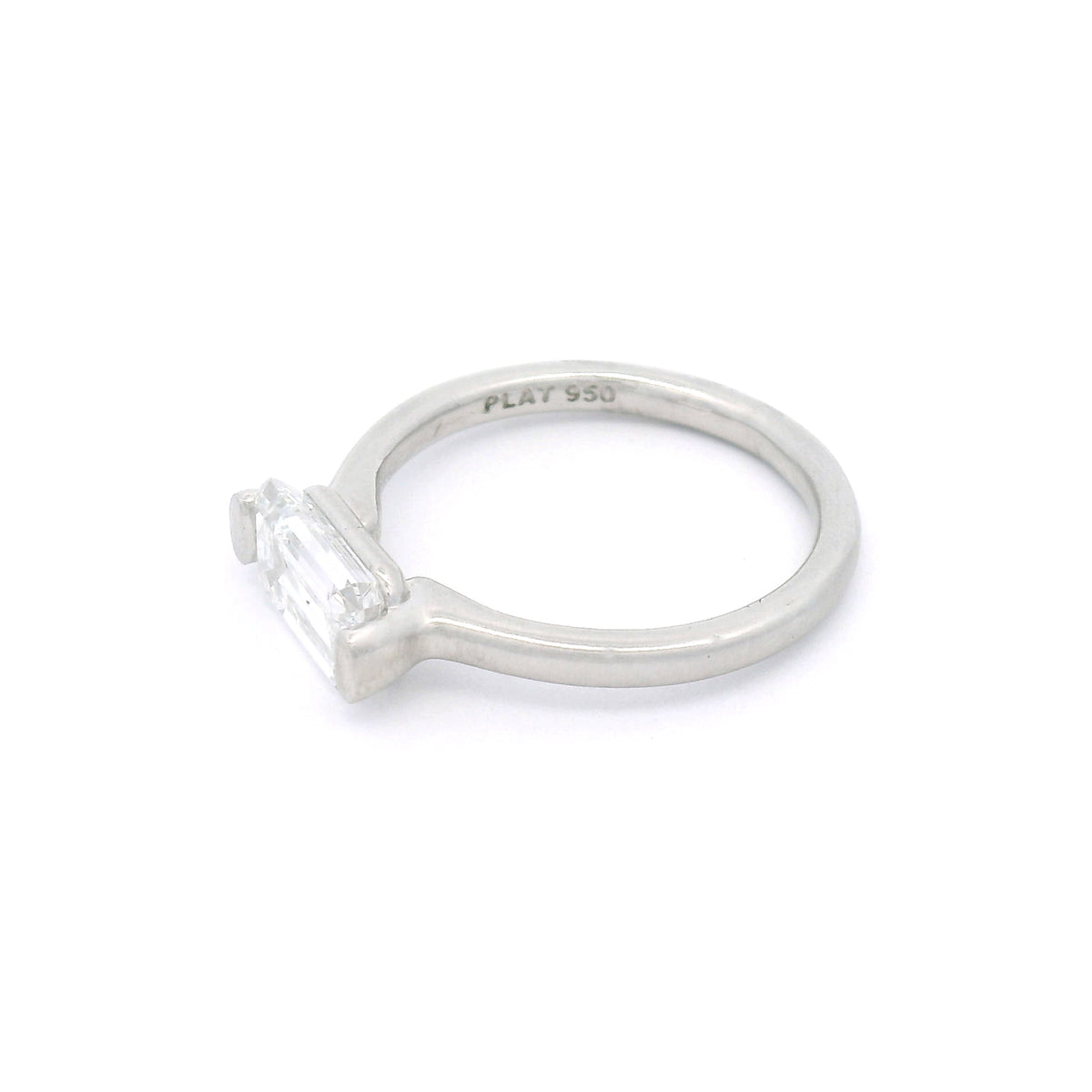 Platinum bar-set solitaire engagement ring with a 1.58ct lab-grown emerald-cut diamond, VVS1 clarity, D colour and rounded 2mm satin band.