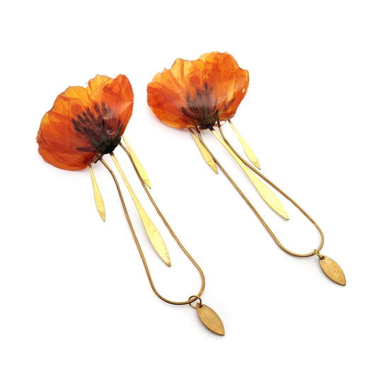 Orange Poppy Flower Drop Earrings