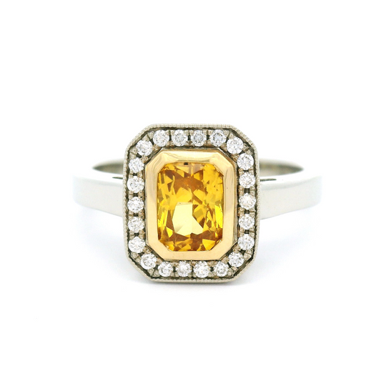 18k White and Yellow Halo Ring with 1.13ct Radiant-Cut Yellow Sapphire and Accent Diamonds