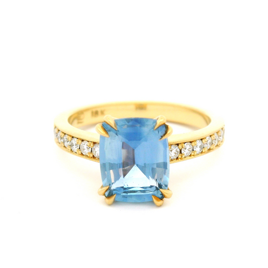 18k Yellow Engagement Ring with 2.56ct Cushion-Cut Blue Sapphire and Accent Diamonds