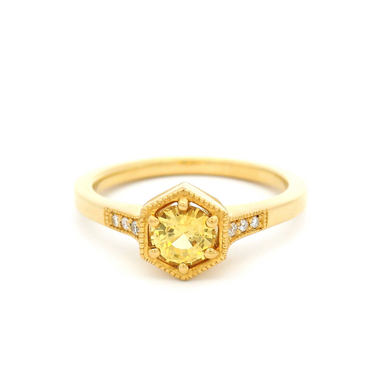 18k Yellow Hexagon Ring with 0.64ct Round Yellow Sapphire and Accent Diamonds