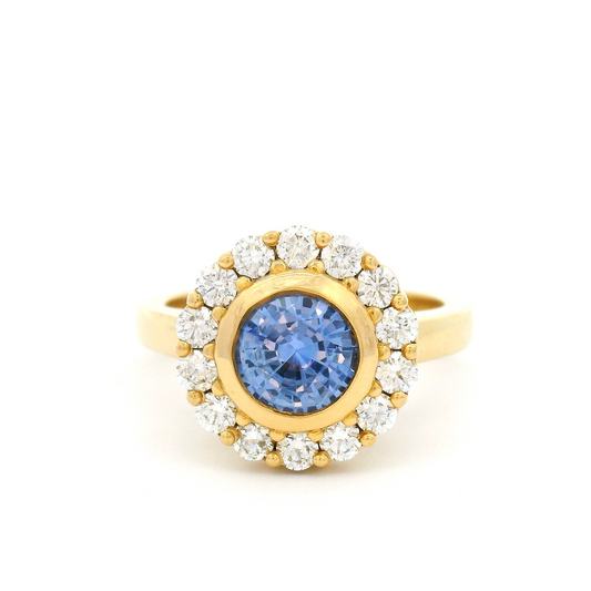 18k Yellow Bezel Set Halo Ring with 0.98ct Round Blue Sapphire and Accent Diamonds