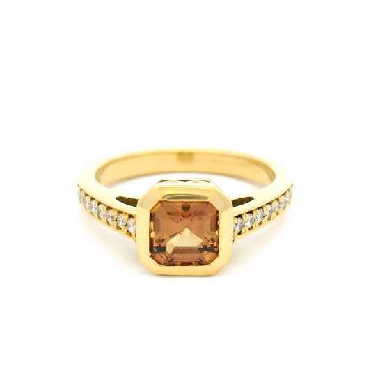 18k Yellow Bezel Set Ring with 0.86ct Orange Sapphire and Accent Diamonds