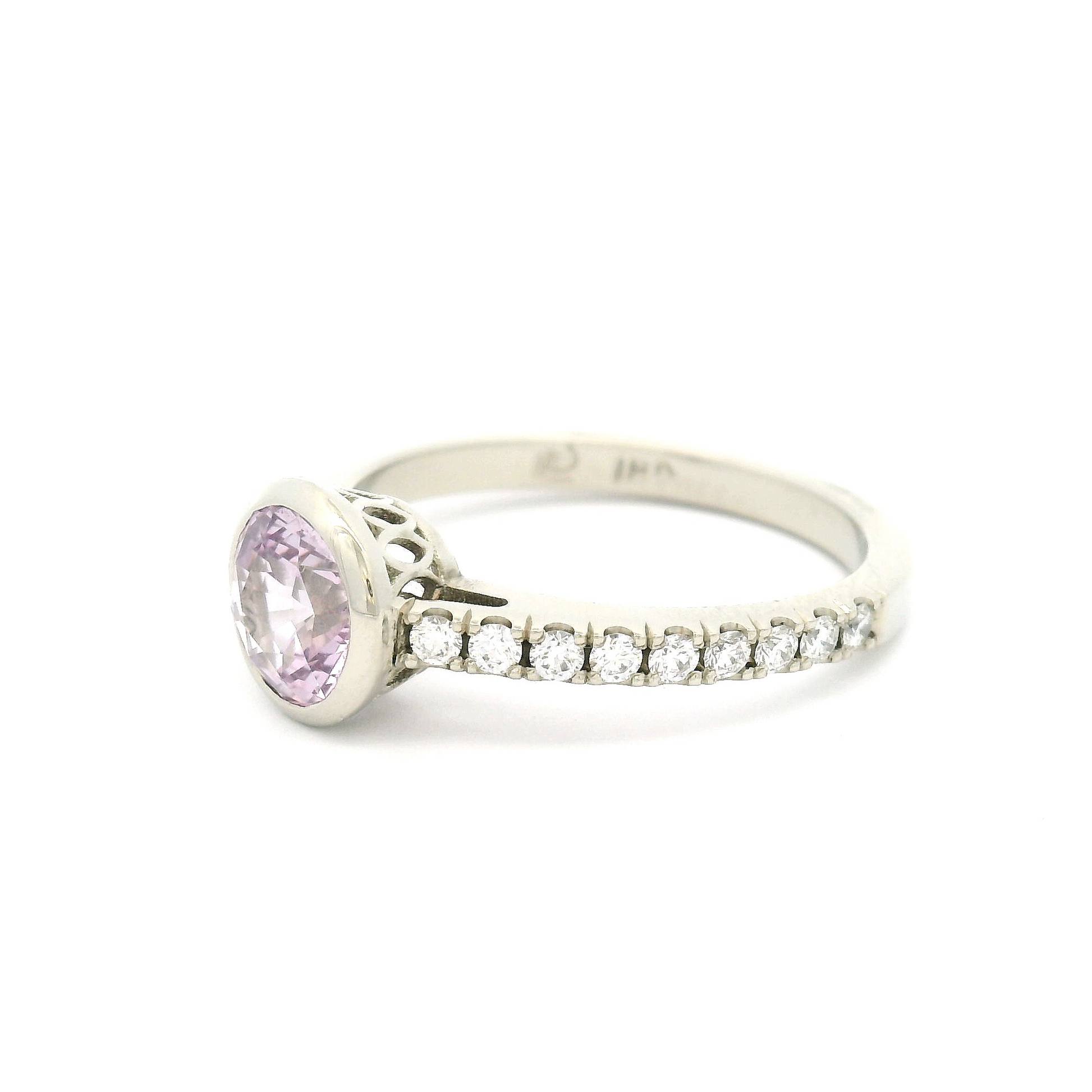 18k White Bezel Set Ring with 1.33ct Pink Sapphire and Accent Diamonds