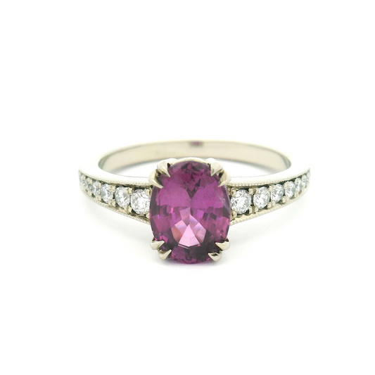 18k White Ring with 1.90ct Oval Pink Sapphire and Accent Diamonds