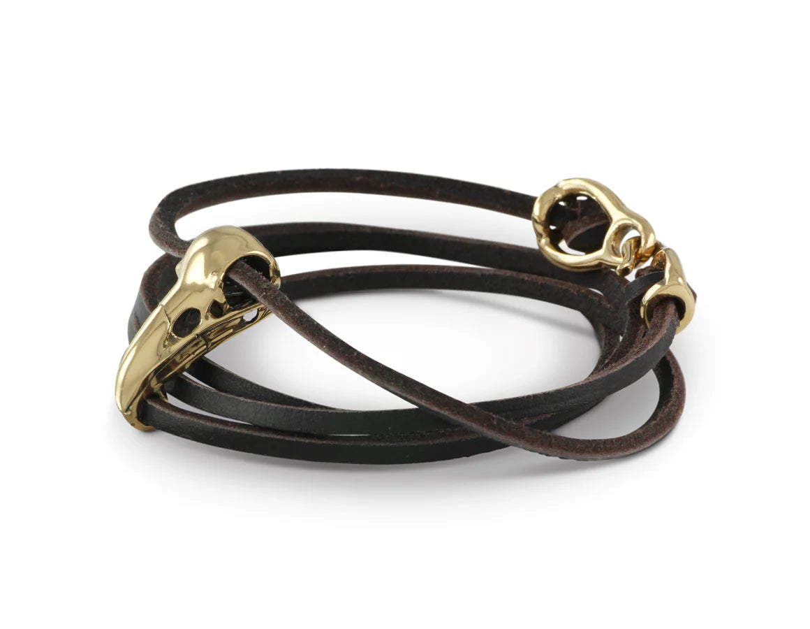 Bronze Raven Skull Leather Bracelet