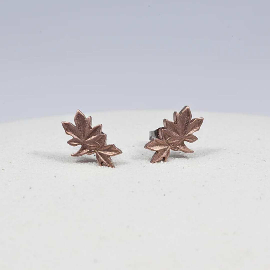 Hand Cut Canadian Penny Maple Leaf Studs