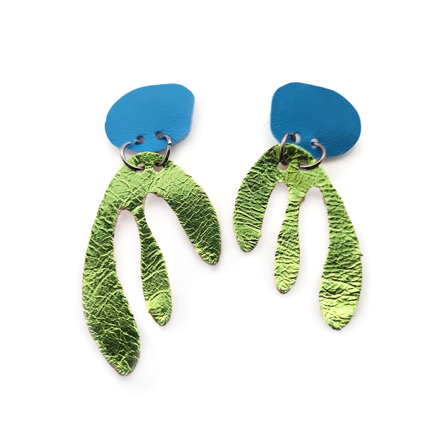 Blue & Green Leather Fork Earrings