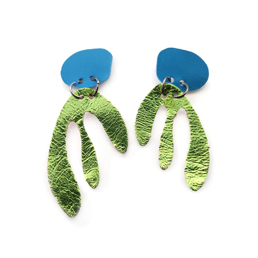 Blue & Green Leather Fork Earrings