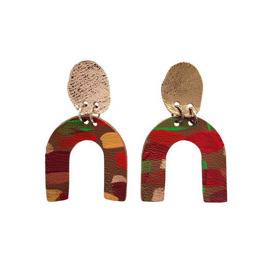 Gold & Brown Horseshoe Leather Earrings