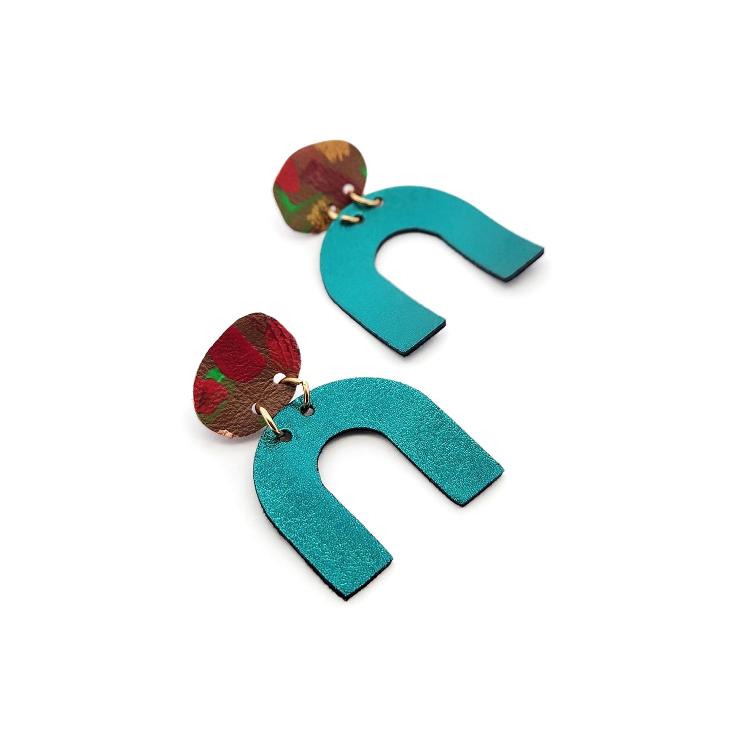 Teal & Brown Horseshoe Leather Earrings