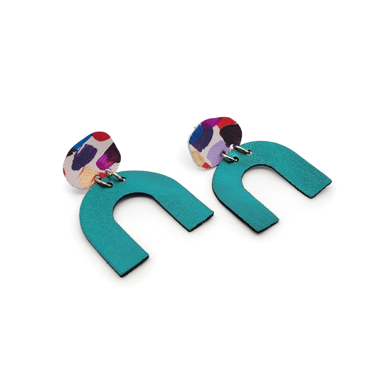 Teal & Multicolor Horseshoe Leather Earrings