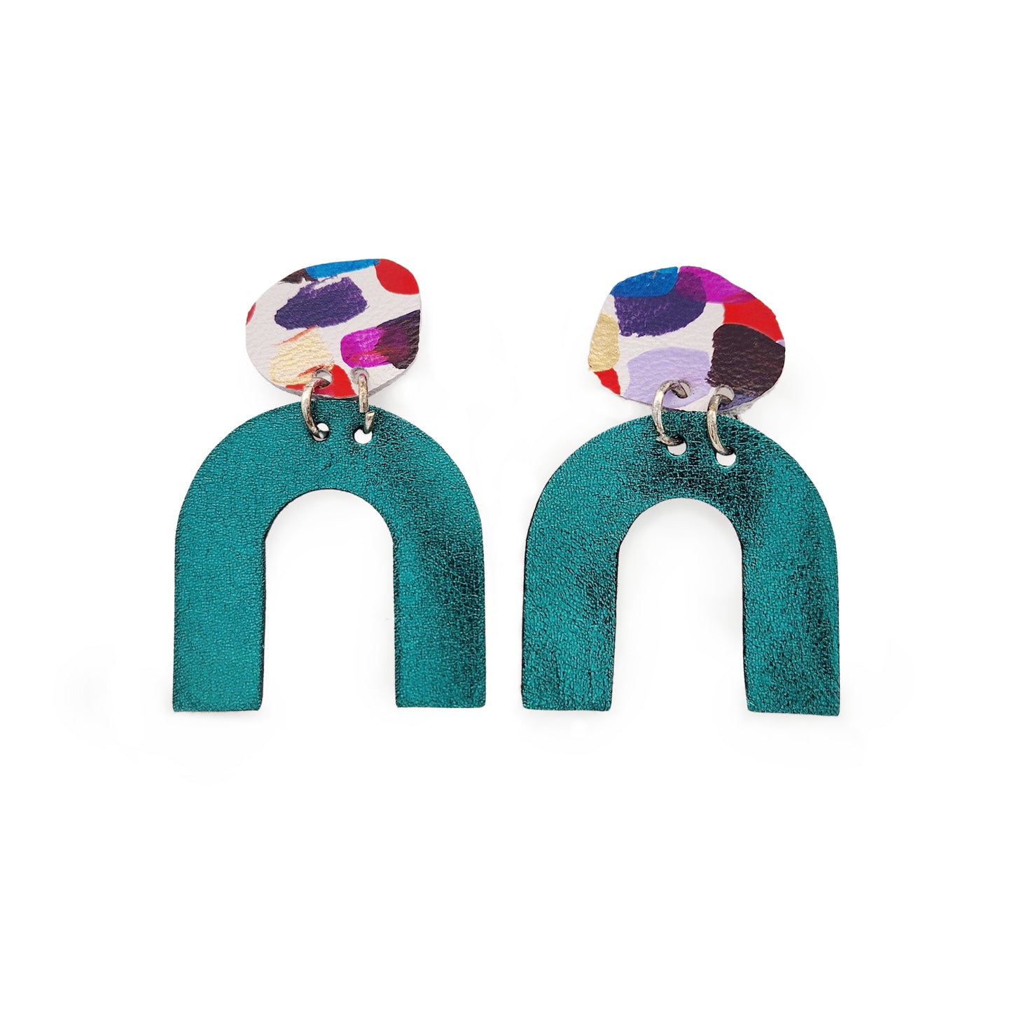 Teal & Multicolor Horseshoe Leather Earrings