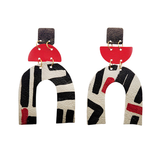 Black, White & Red Large Horseshoe Leather Earrings