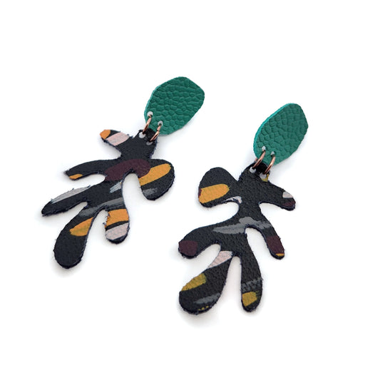 Black & Teal Leather Leafy Earrings