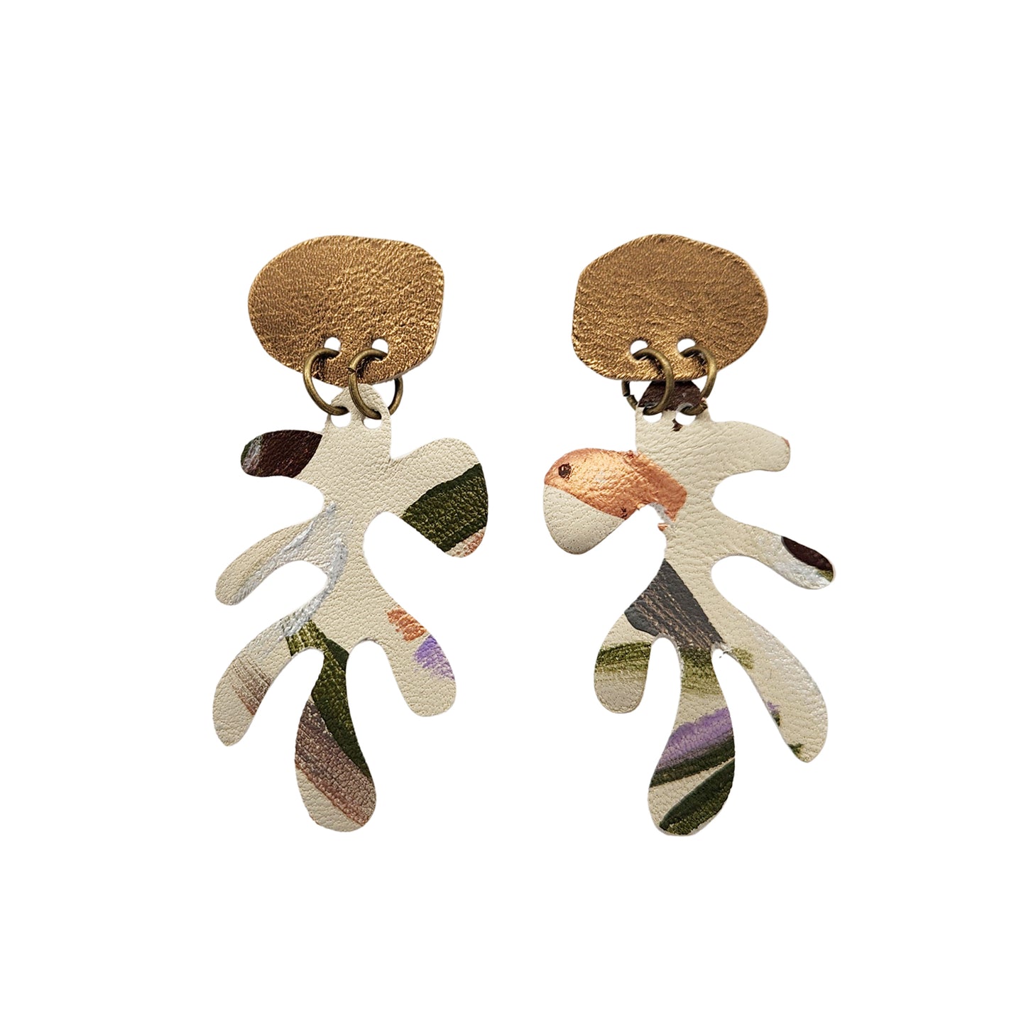 Gold & White Leather Leafy Earrings