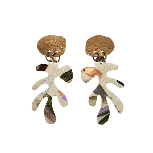 Gold & White Leather Leafy Earrings