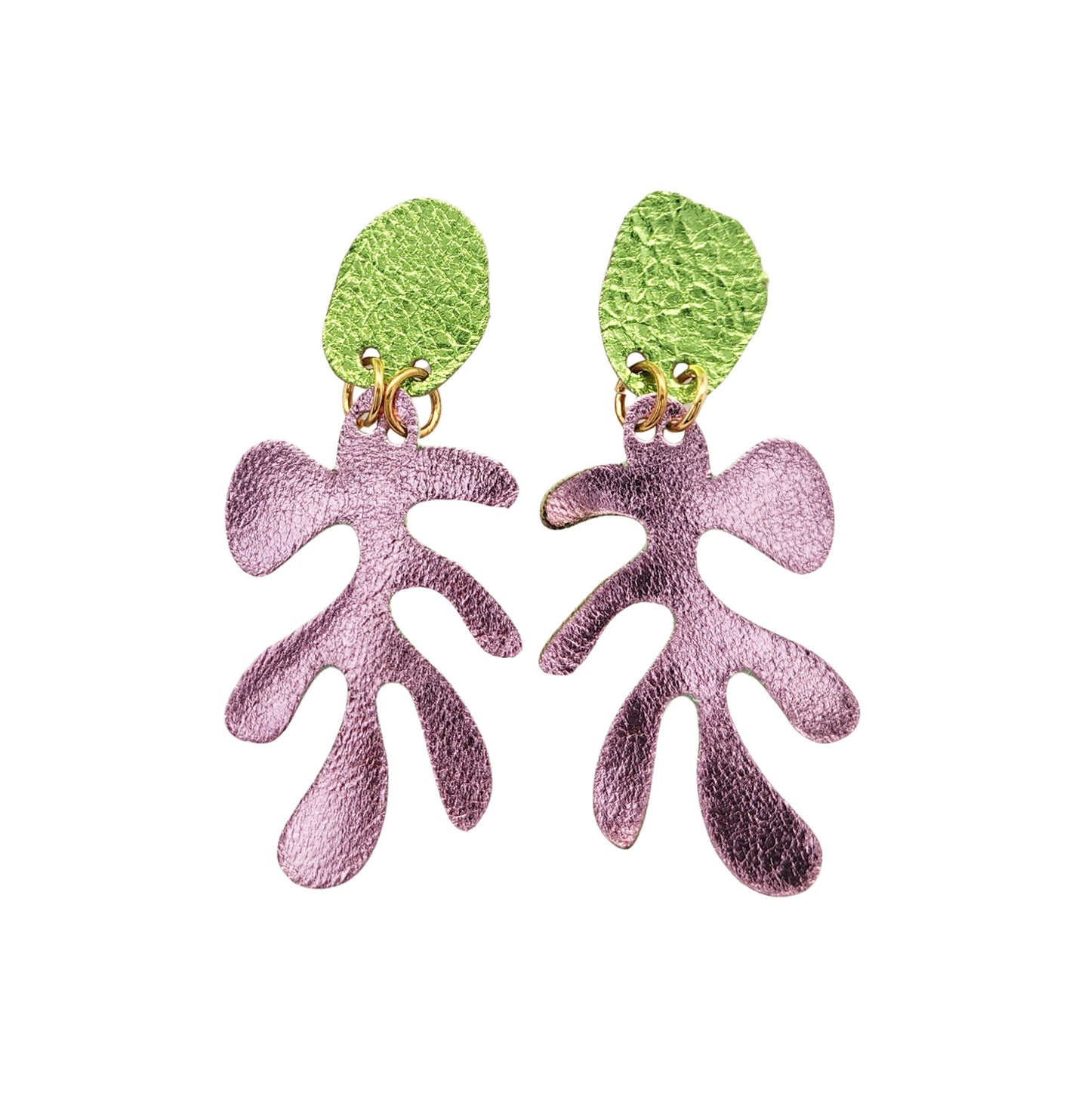 Pink & Green Leather Leafy Earrings