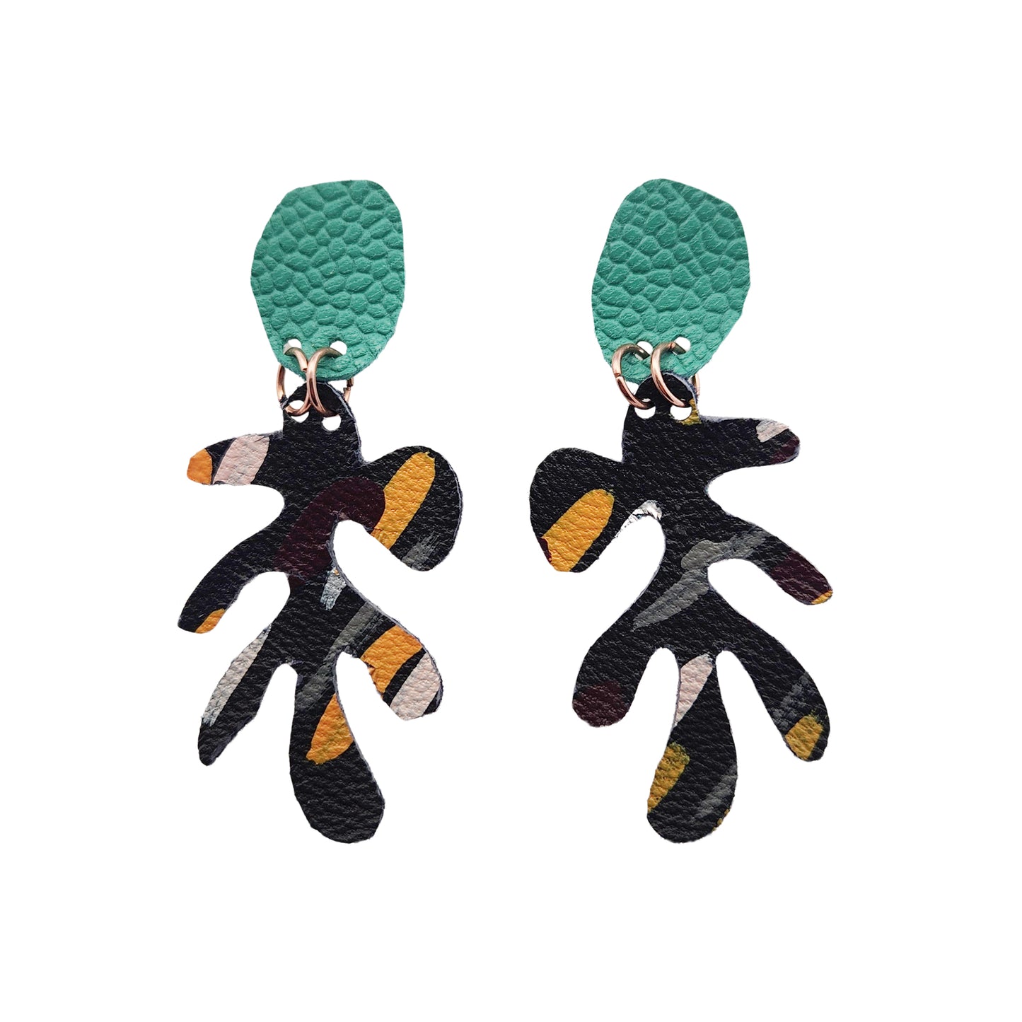 Black & Teal Leather Leafy Earrings